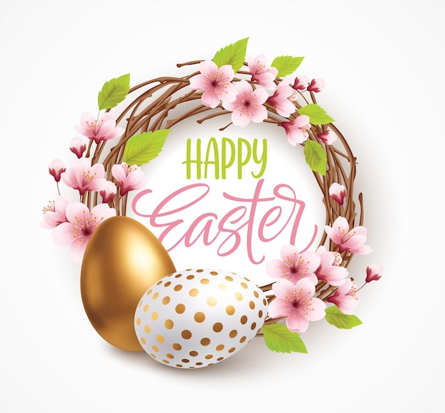 Fondo de saludo de Pascua feliz con huevos de Pascua realistas en una corona con flores de primavera. Ilustración de vector EPS10
