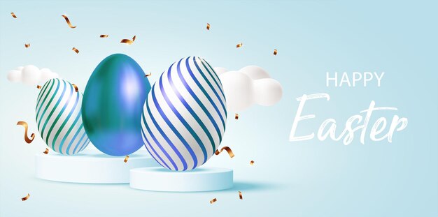 Fondo de saludo de Pascua realista en 3D con huevos de Pascua azules