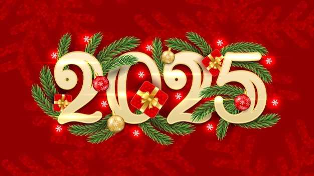 Fondo de saludos de Feliz Año Nuevo 2025 con bolas de la rama de Navidad copos de nieve