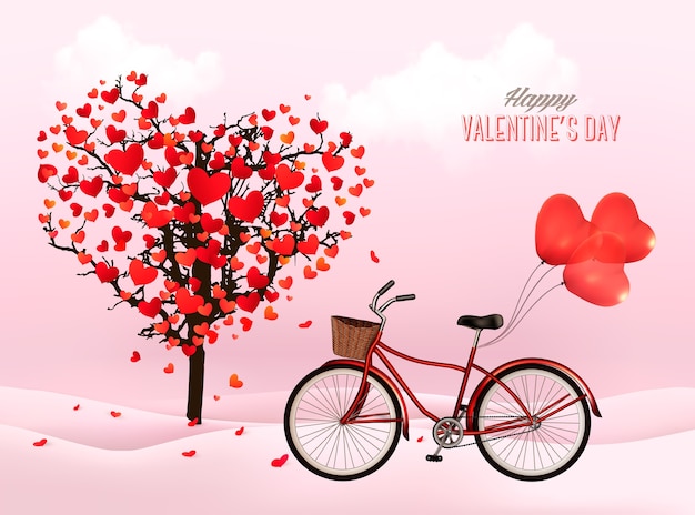 Fondo de San Valentín con un árbol en forma de corazón y una bicicleta con globos en forma de corazón