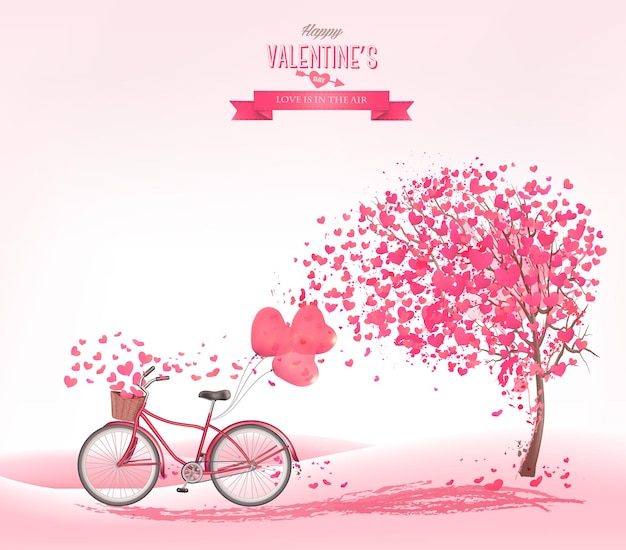 Fondo de san valentín con un árbol en forma de corazón y una bicicleta.