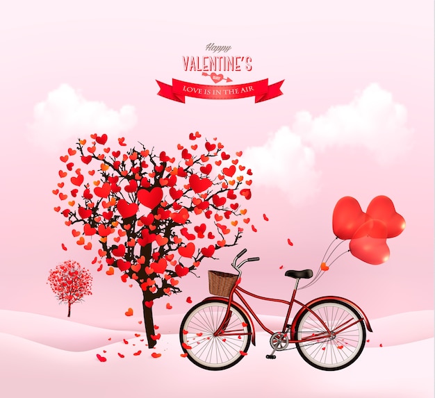 Fondo de San Valentín con un árbol en forma de corazón y una bicicleta