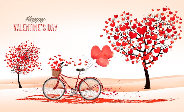 Fondo de san valentín con árboles en forma de corazón y una bicicleta.