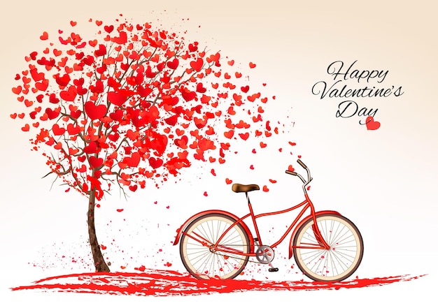 Fondo de san valentín con una bicicleta y un árbol de corazones. vector.