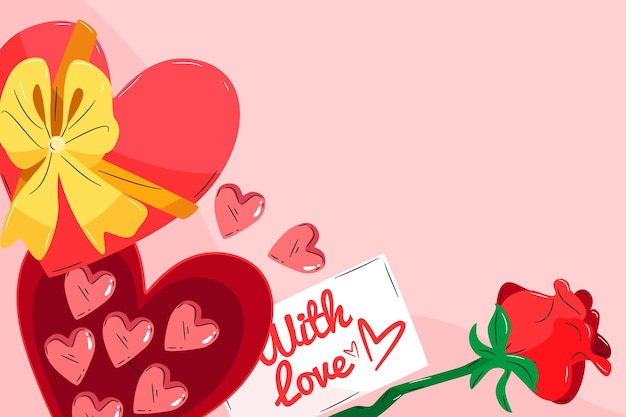 Vector fondo de san valentín con chocolates en forma de corazón y rosa