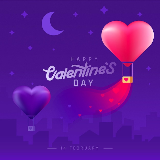 Fondo de San Valentín con ciudad silueta y globos en forma de corazón.