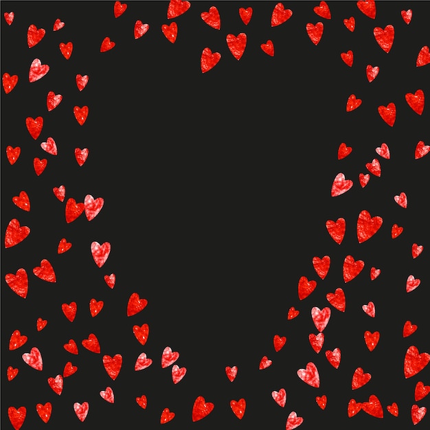 Fondo de San Valentín con corazones de purpurina rosa. Día 14 de febrero. Confeti de vector para la plantilla de fondo de San Valentín. Textura de grunge dibujado a mano.