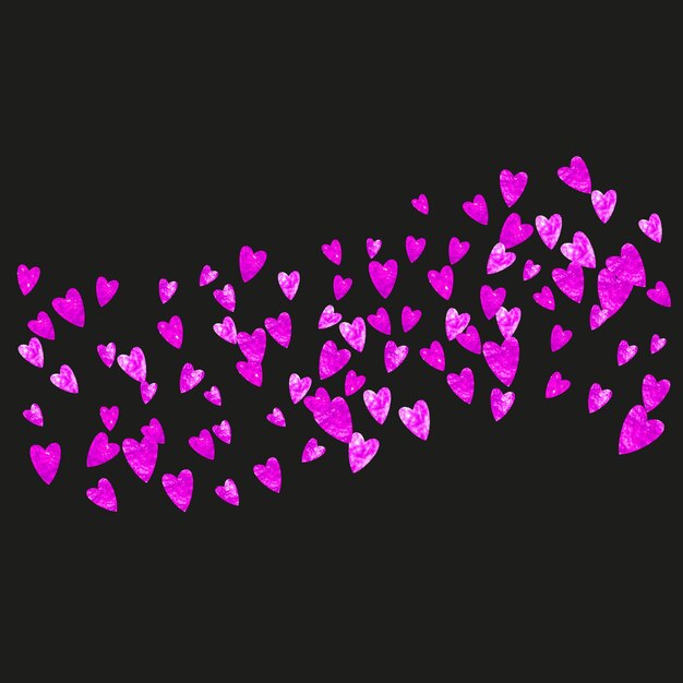 Fondo de San Valentín con corazones de purpurina rosa. Día 14 de febrero. Confeti de vector para la plantilla de fondo de San Valentín. Textura de grunge dibujado a mano.