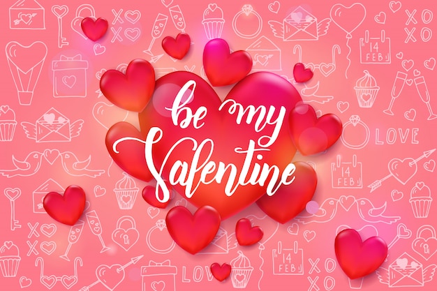 Vector fondo de san valentín con corazones rojos 3d en patrón con símbolos de arte de línea de amor dibujado a mano.