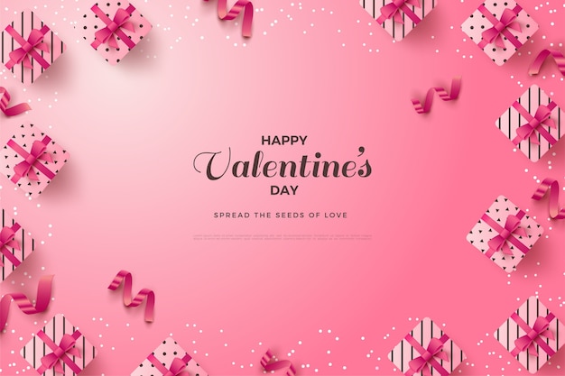Fondo de San Valentín con escritura alrededor de cajas de regalo y cintas rosas.