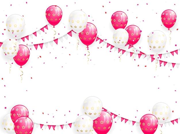 Fondo de San Valentín con globos, banderines y confeti, ilustración.