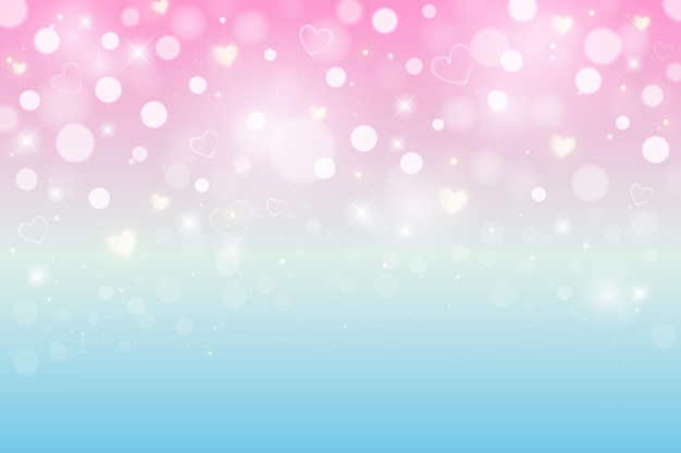Fondo de San Valentín. Ilustración en colores pastel. Cielo rosa con bokeh y corazones.