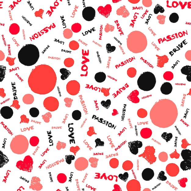 Fondo de San Valentín con Palabra Pintada Amor Vector corazones grunge patrón sin costuras Diseño de textura de angustia Decoración romántica para papel regalo tarjeta de felicitación cartel de bandera papel tapiz letras escritas a mano