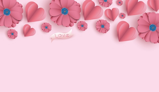 Vector fondo de san valentín con papel cortado flores y corazones.