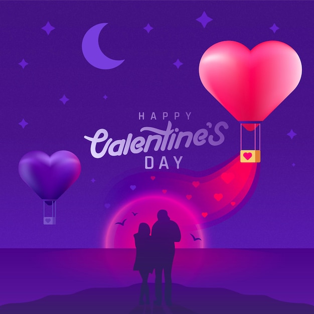 Fondo de san valentín con pareja de silueta y globos en forma de corazón. san valentín al atardecer romántico.