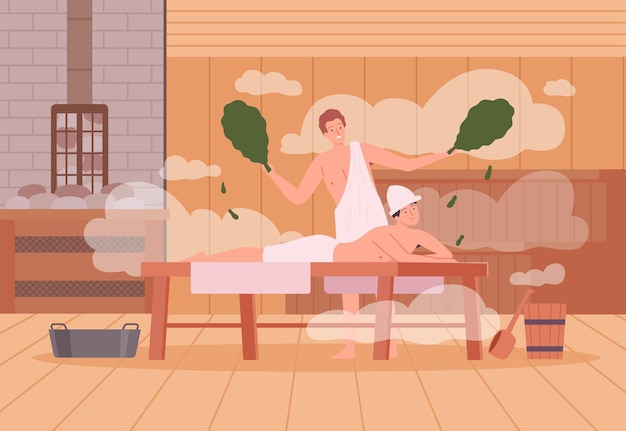 Fondo de sauna. Spa relax gente de terapia caliente vapor caliente en sauna bañándose personajes vector ilustración de dibujos animados. Spa y sauna de vapor, terapia de relajación de madera.