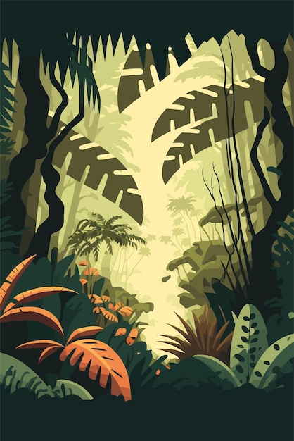 Fondo de la selva Ilustración de dibujos animados de color plano vectorial Selva brillante en la mañana