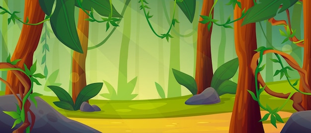 Fondo de la selva selva escena de dibujos animados paisaje salvaje de fantasía juego de flora tropical viajes de verano naturaleza bosque vegetación árboles verdes follaje ramas de liana vector panorama exótico