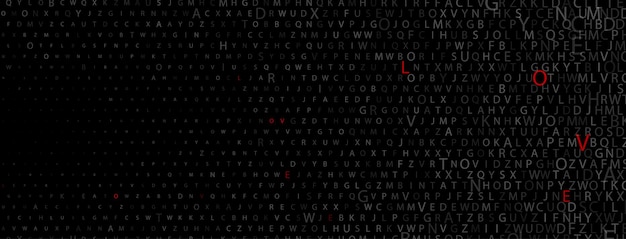 Fondo de semitono abstracto hecho de letras de diferentes tamaños en colores negro y gris y palabra AMOR en rojo