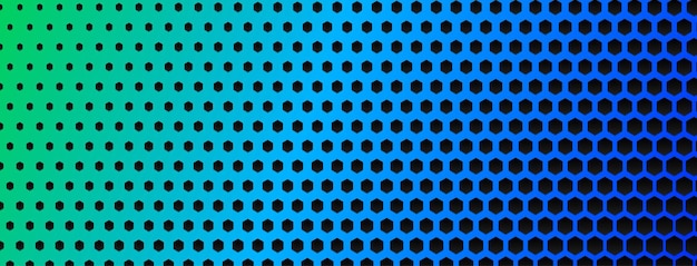 Fondo de semitono abstracto hecho de pequeños puntos hexagonales de diferentes tamaños en colores azul y negro
