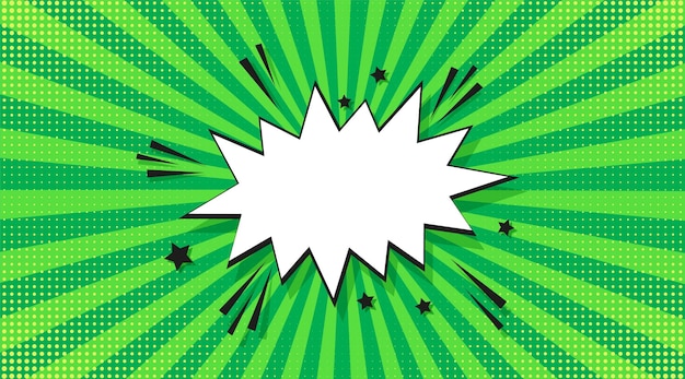 Fondo de semitono de arte pop. patrón de explosión cómica. efecto sunburst retro de dibujos animados. bandera verde con burbujas de discurso, puntos y vigas. textura de duotono vintage. impresión de superhéroe wow