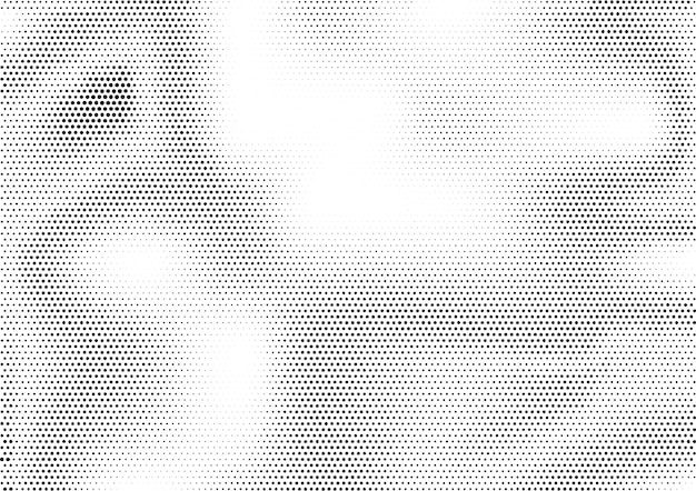 Fondo de semitono horizontal abstracto futurista con puntos acumulados de forma desigual de diferentes tamaños. Textura punteada degradado de grunge. Ilustración de vector geométrico moderno en colores blanco y negro.