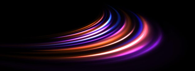 El fondo del sendero de luz de neón brillante líneas de velocidad de colores brillantes concepto de remolino curvo luminoso mágico