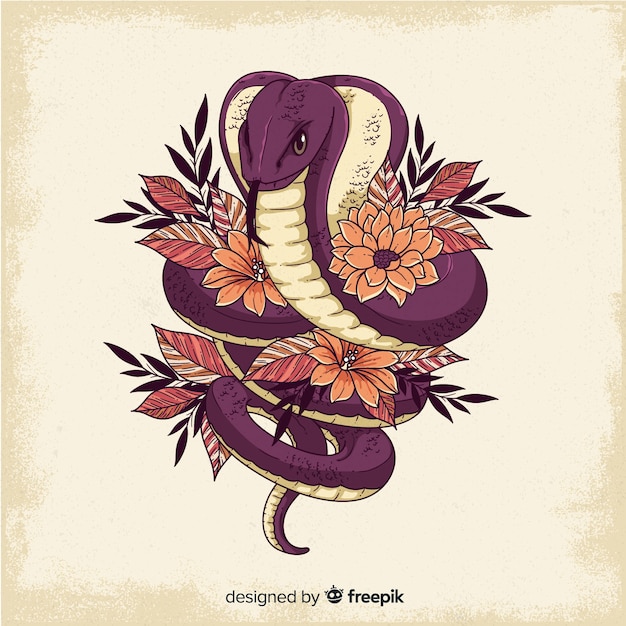Fondo serpiente con flores dibujada a mano