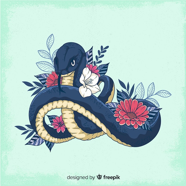 Fondo serpiente con flores dibujada a mano