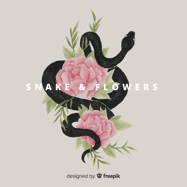 Fondo serpiente con flores dibujada a mano