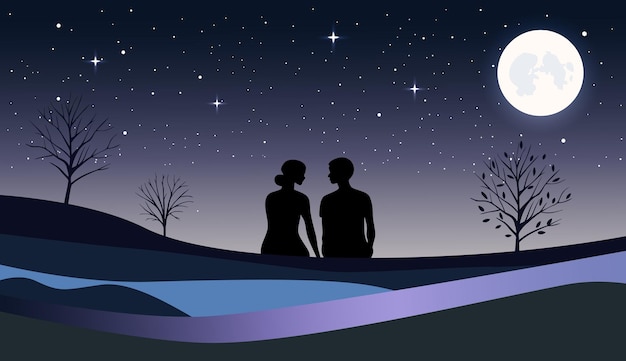 Fondo con siluetas de una pareja enamorada sentada al aire libre por la noche Una pareja romántica a la luz de la luna