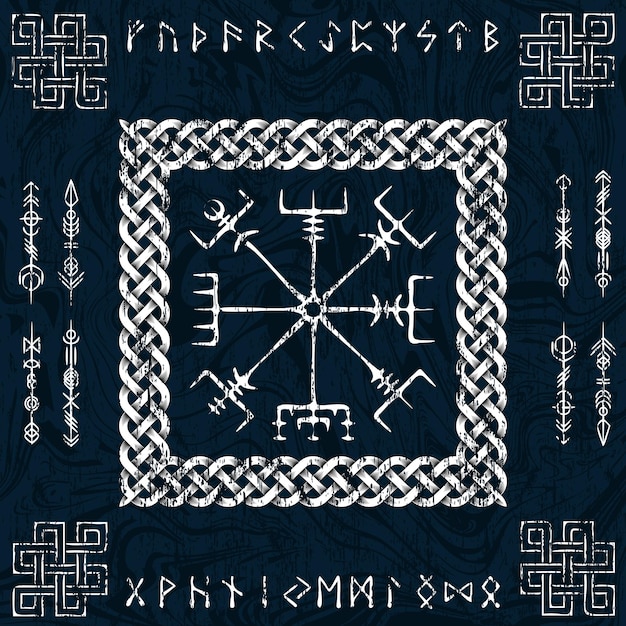 Vector fondo de símbolos escandinavos vikingos vegvisir azul