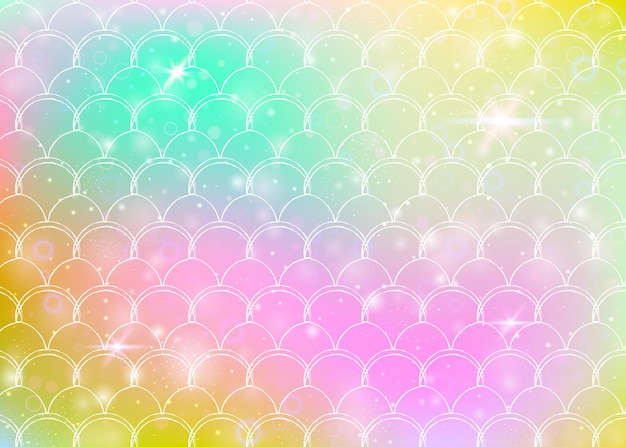 Vector fondo de sirena kawaii con patrón de escamas de princesa arcoiris. bandera de cola de pez con destellos mágicos y estrellas. invitación de fantasía marina para fiesta de chicas. telón de fondo de plástico sirena kawaii.