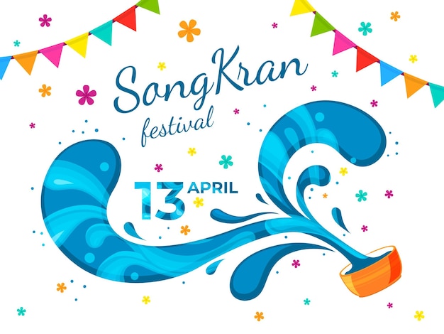 Fondo de songkran increíble color banner del festival del agua fiesta tailandesa salpicaduras de líquido festivo asiático tailandia cuenco orquídea y banderas cartel de vector reciente