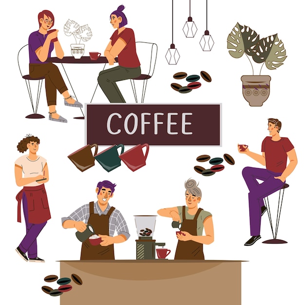 Vector fondo para su plantilla de banner de cafetería ilustración vectorial plana aislada en fondo blanco diseño para cafetería y cafetería con personajes de personas