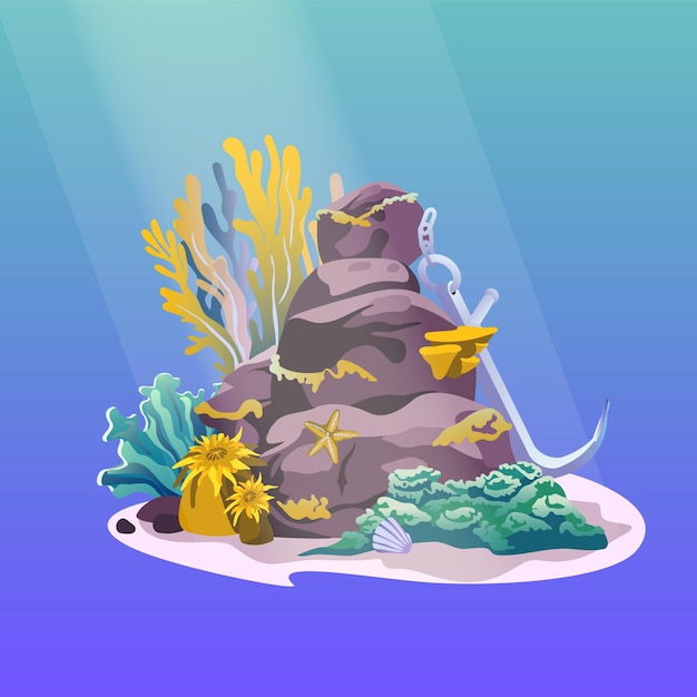 Fondo submarino Fondo oceánico con piedras corales algas y peces Vector