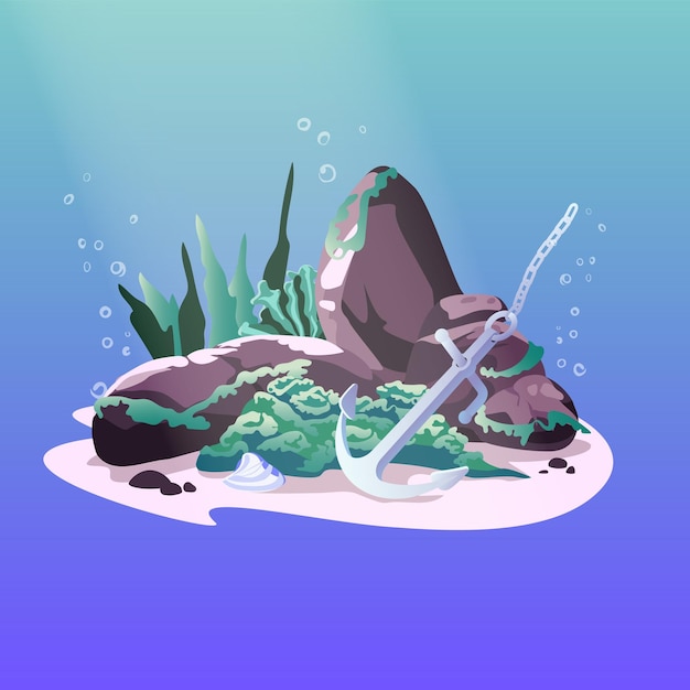 Fondo submarino Fondo oceánico con piedras corales algas y peces Vector