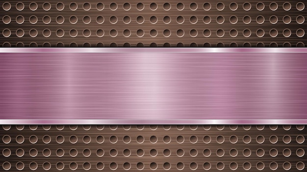 Vector fondo de superficie metálica perforada de bronce con agujeros y placa horizontal pulida de color púrpura con reflejos de textura metálica y bordes brillantes