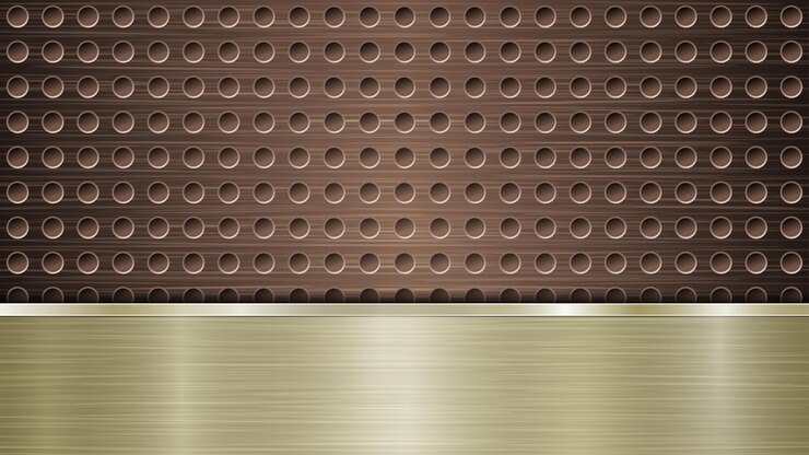 Vector fondo de superficie metálica perforada de bronce con agujeros y placa pulida dorada horizontal con una textura metálica que brilla y bordes brillantes