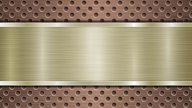 Vector fondo de superficie metálica perforada de bronce con agujeros y placa pulida dorada horizontal con una textura metálica que brilla y bordes brillantes