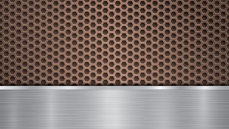 Vector fondo de superficie metálica perforada de bronce con agujeros y placa pulida de plata horizontal con una textura de metal resplandece y bordes brillantes