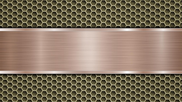 Fondo de superficie metálica perforada dorada con agujeros y placa pulida de bronce horizontal con textura de metal, resplandores y bordes brillantes