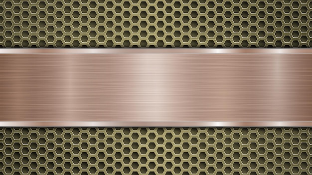 Fondo de superficie metálica perforada dorada con agujeros y placa pulida de bronce horizontal con textura de metal, resplandores y bordes brillantes