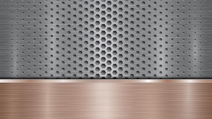 Vector fondo de superficie metálica perforada plateada con orificios y placa pulida de bronce horizontal con una textura metálica resplandeciente y bordes brillantes