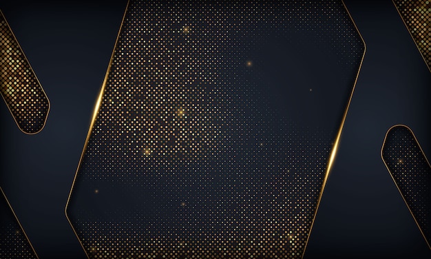 Fondo de superposición abstracta de lujo negro con línea de oro. Textura con elemento de brillos dorados.
