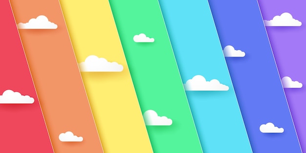Fondo de superposición diagonal de color arco iris abstracto con nube, estilo de arte de papel