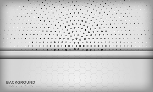 Fondo de superposición de dimensión blanca abstracta con patrón hexagonal en semitono radial plata.