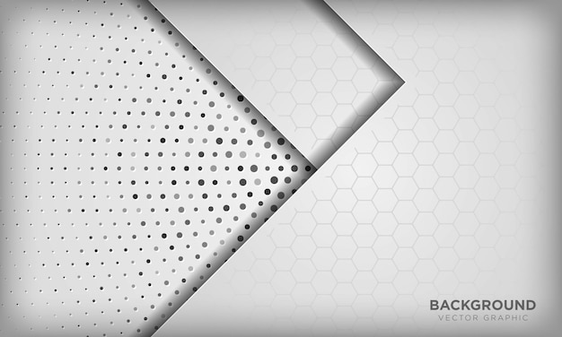 Fondo de superposición de dimensión blanca abstracta con patrón hexagonal en semitono radial plata.