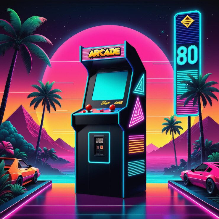 Vector fondo de tablero de juego de estilo neón retro con ilustración vectorial de automóviles retro estilo neón