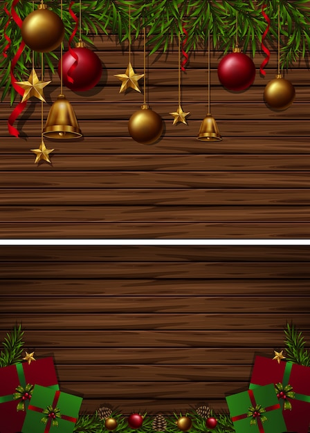 Fondo de tablero de madera dos con adornos de navidad